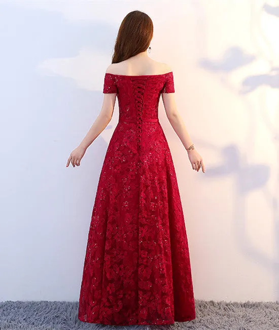 A Line Off Shoulder Lace Burgundy Prom Dresses, Burgundy Formal Dresses, Evening Dresses