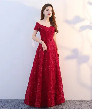 A Line Off Shoulder Lace Burgundy Prom Dresses, Burgundy Formal Dresses, Evening Dresses