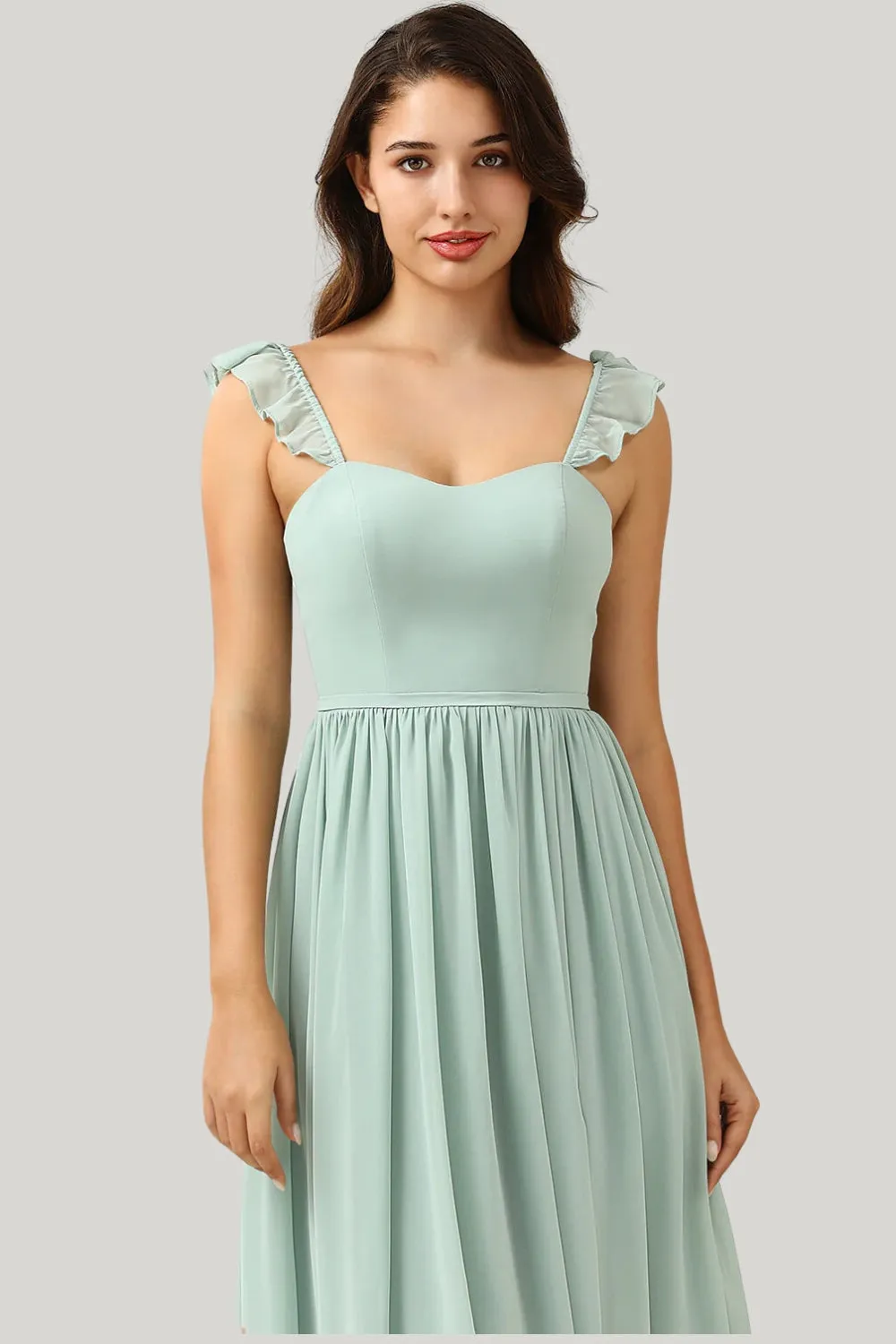 A Line Spaghetti Straps Dusty Sage Slit Maxi Dress with Ruffles