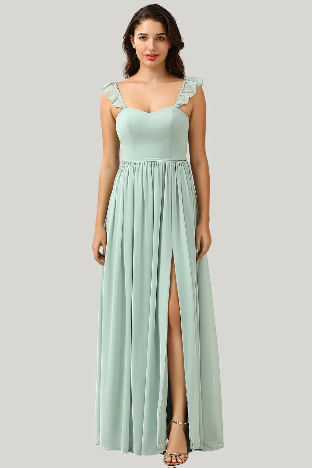 A Line Spaghetti Straps Dusty Sage Slit Maxi Dress with Ruffles