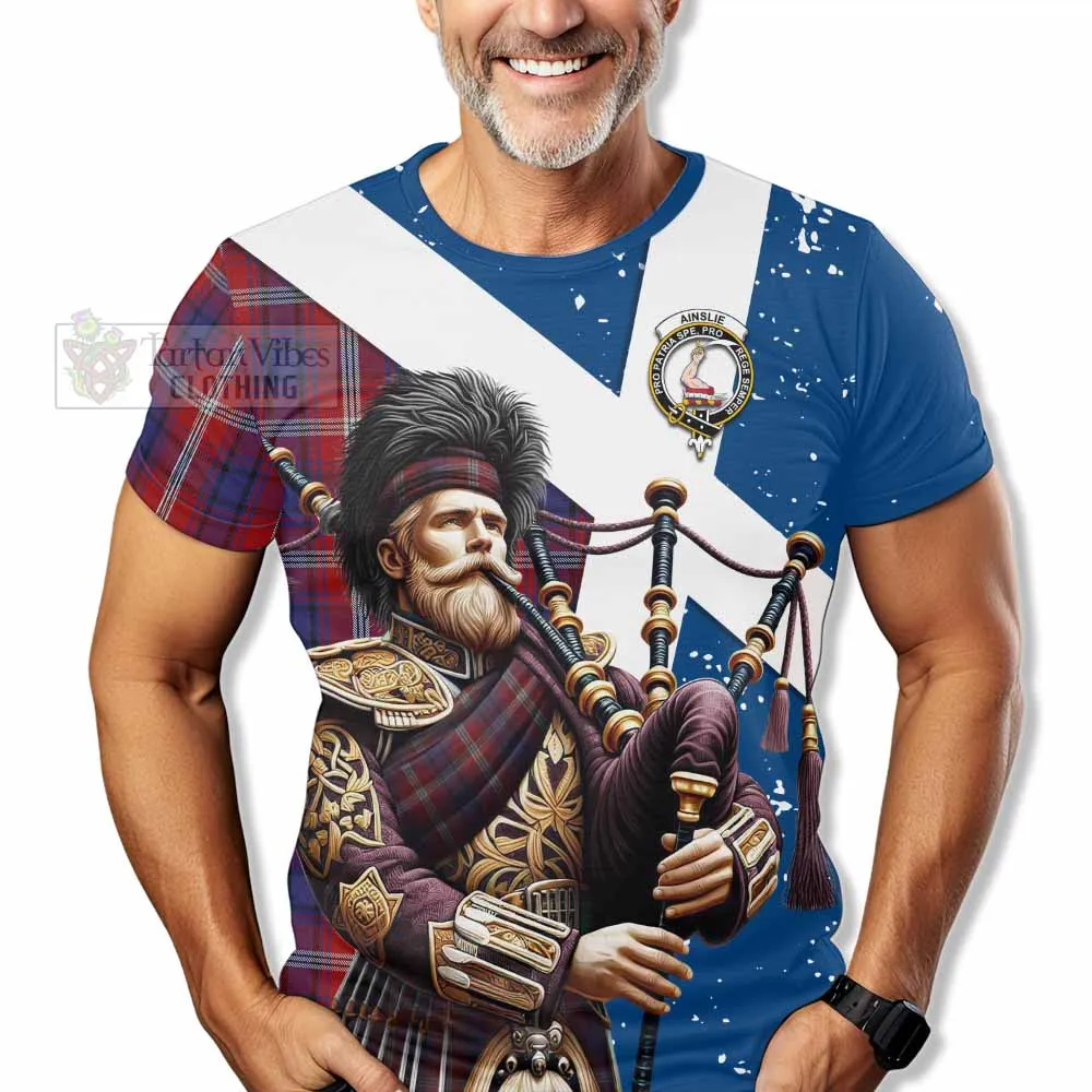 Ainslie Tartan T-Shirt with Family Crest Scottish Bagpiper Vibes