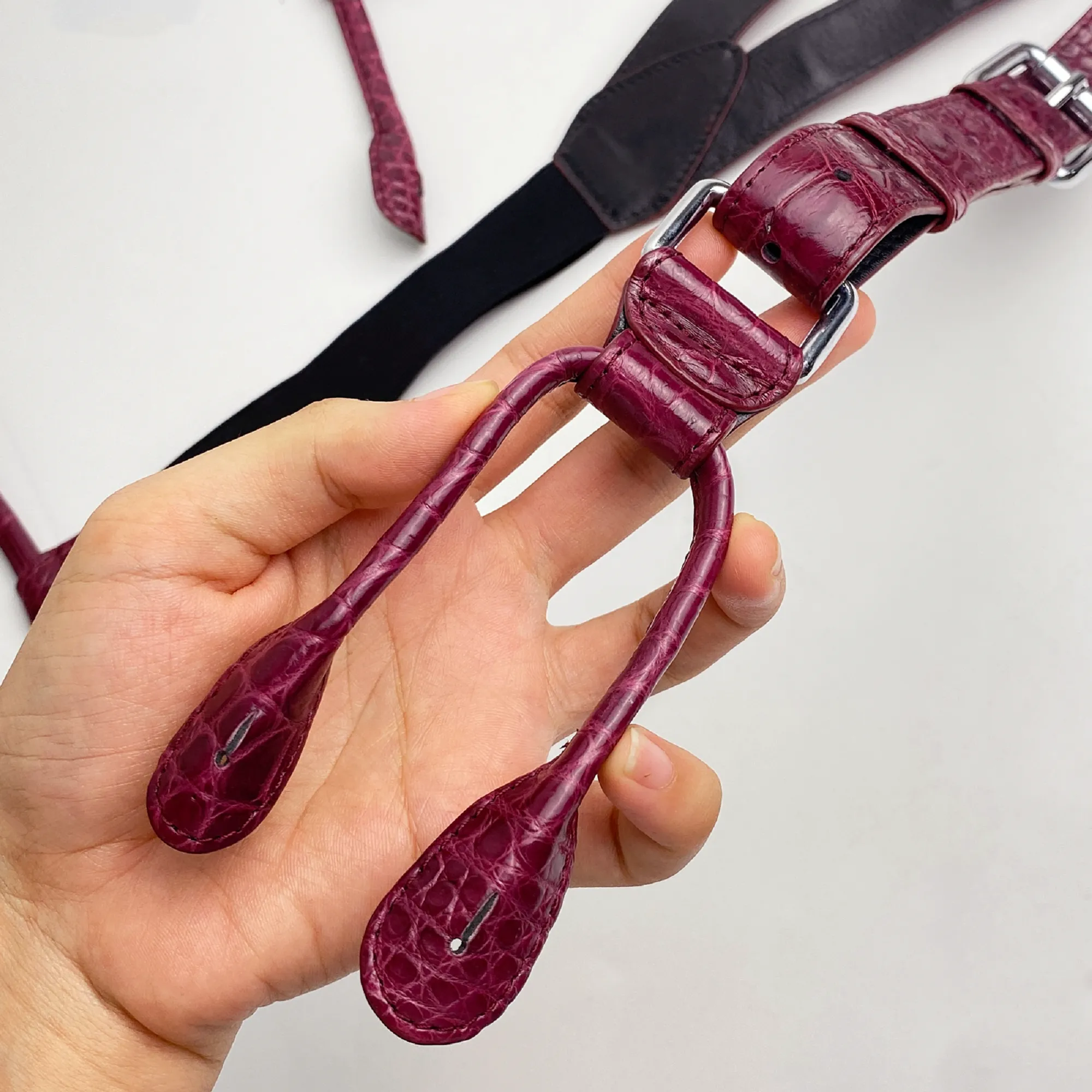 Alligator Y-Back Burgundy Leather Suspenders Men Button End - Groomsmen Suspenders - Wedding Groom Suspenders Adjustable