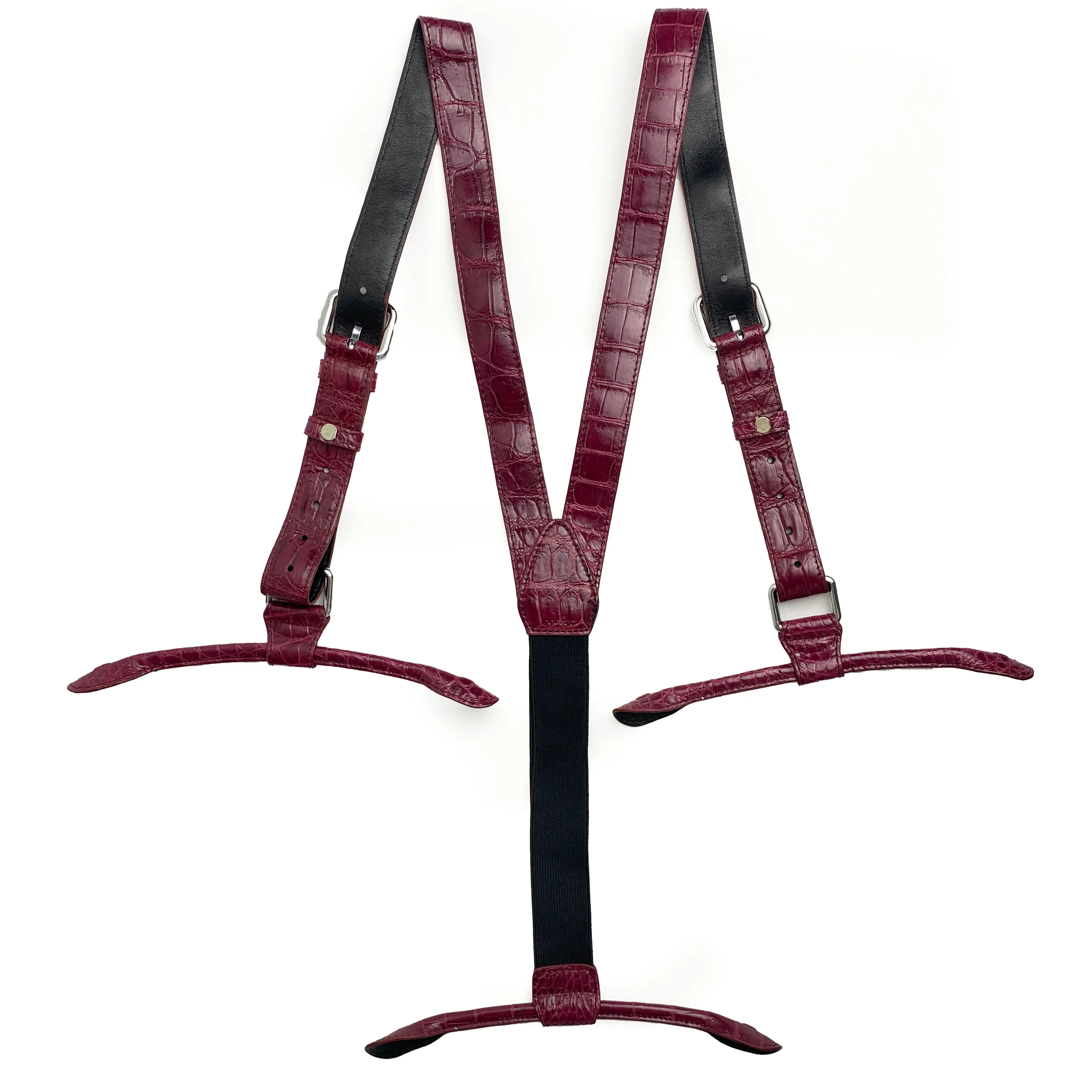 Alligator Y-Back Burgundy Leather Suspenders Men Button End - Groomsmen Suspenders - Wedding Groom Suspenders Adjustable