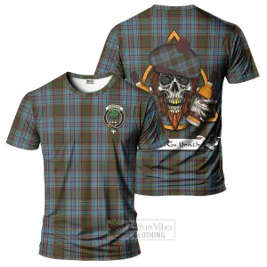 Anderson Tartan T-Shirt with Family Crest and Bearded Skull Holding Bottles of Whiskey