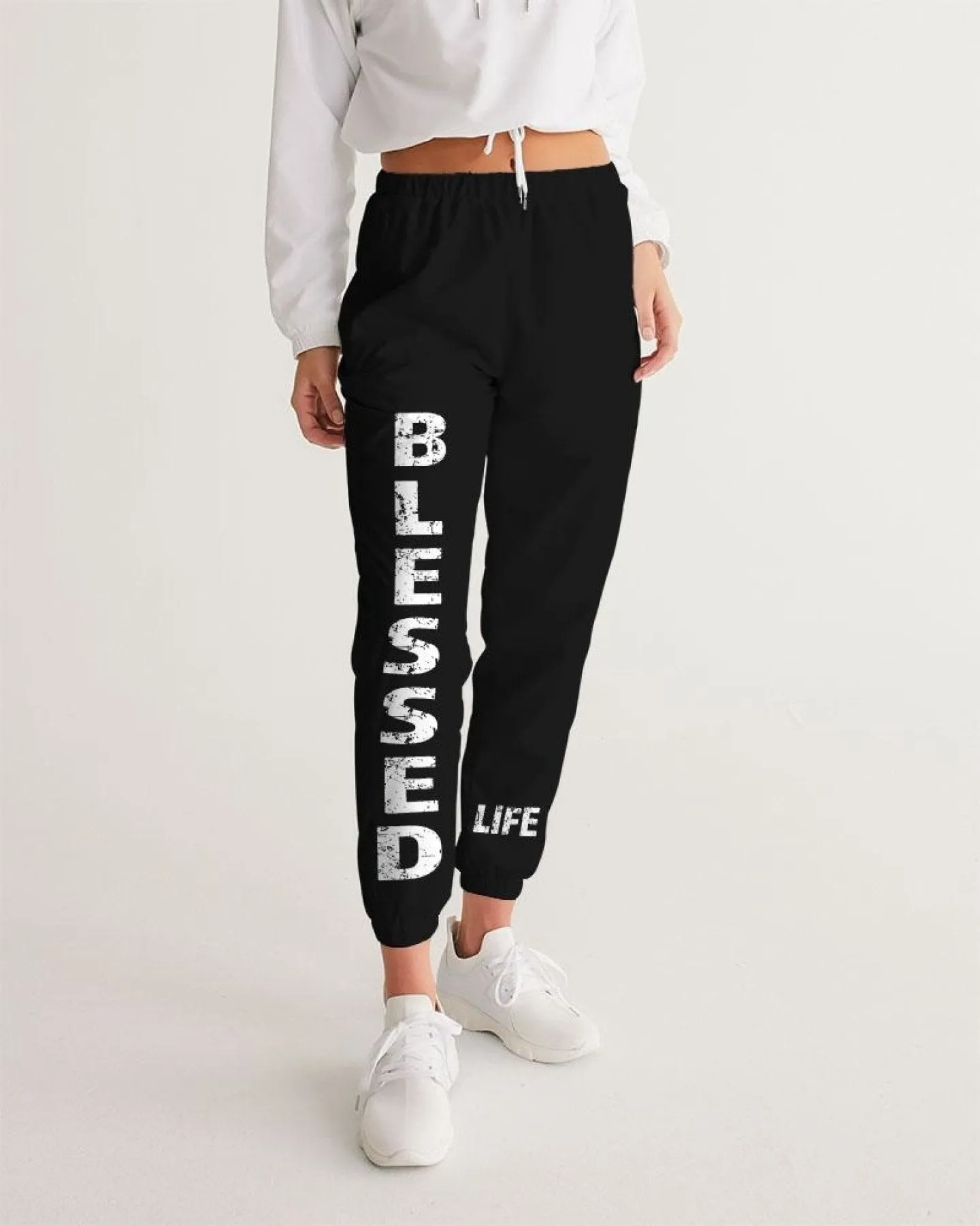 Athletic Pants, Blessed Graphic Text Black And White Track