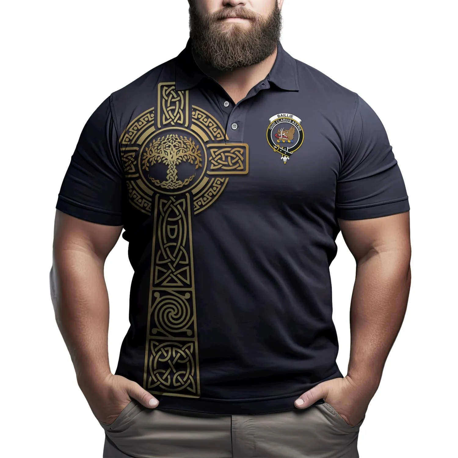 Baillie (Bailey) Clan Polo Shirt with Golden Celtic Tree Of Life