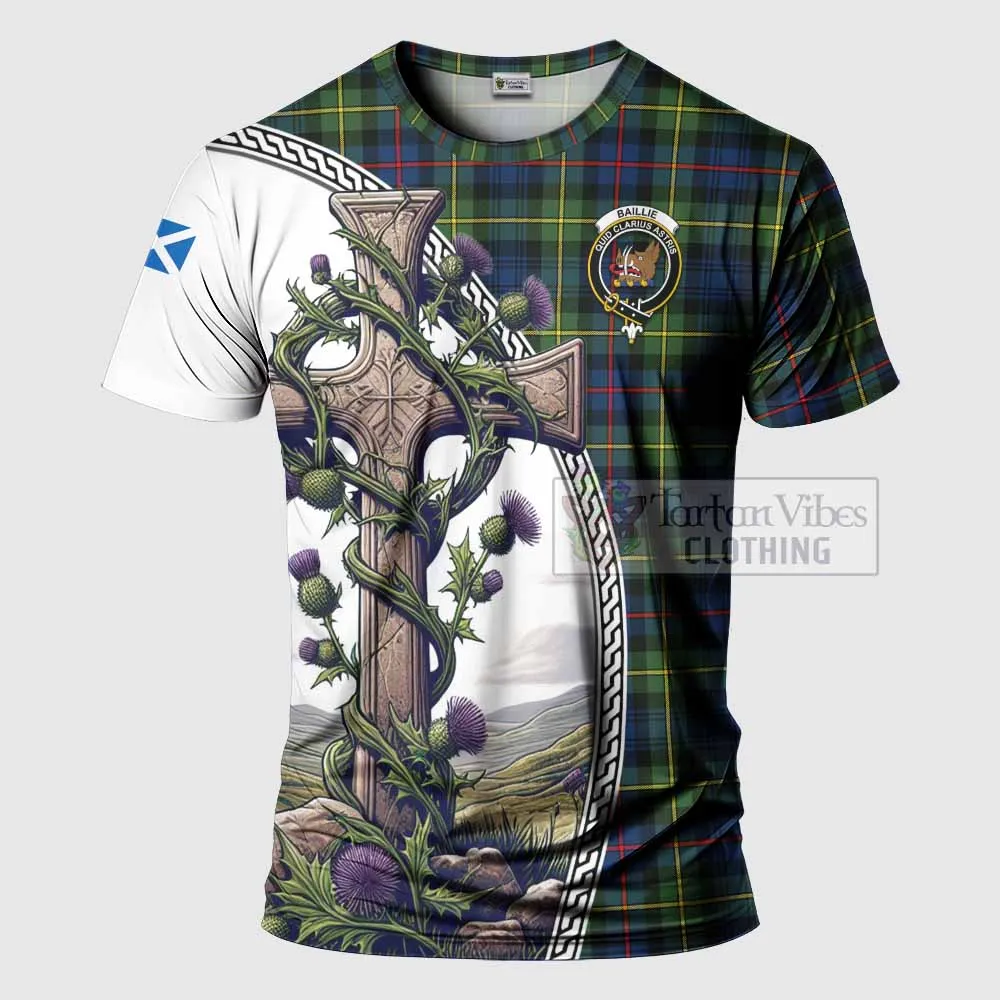 Baillie (Bailey) Tartan T-Shirt with Family Crest and St. Andrew's Cross Accented by Thistle Vines