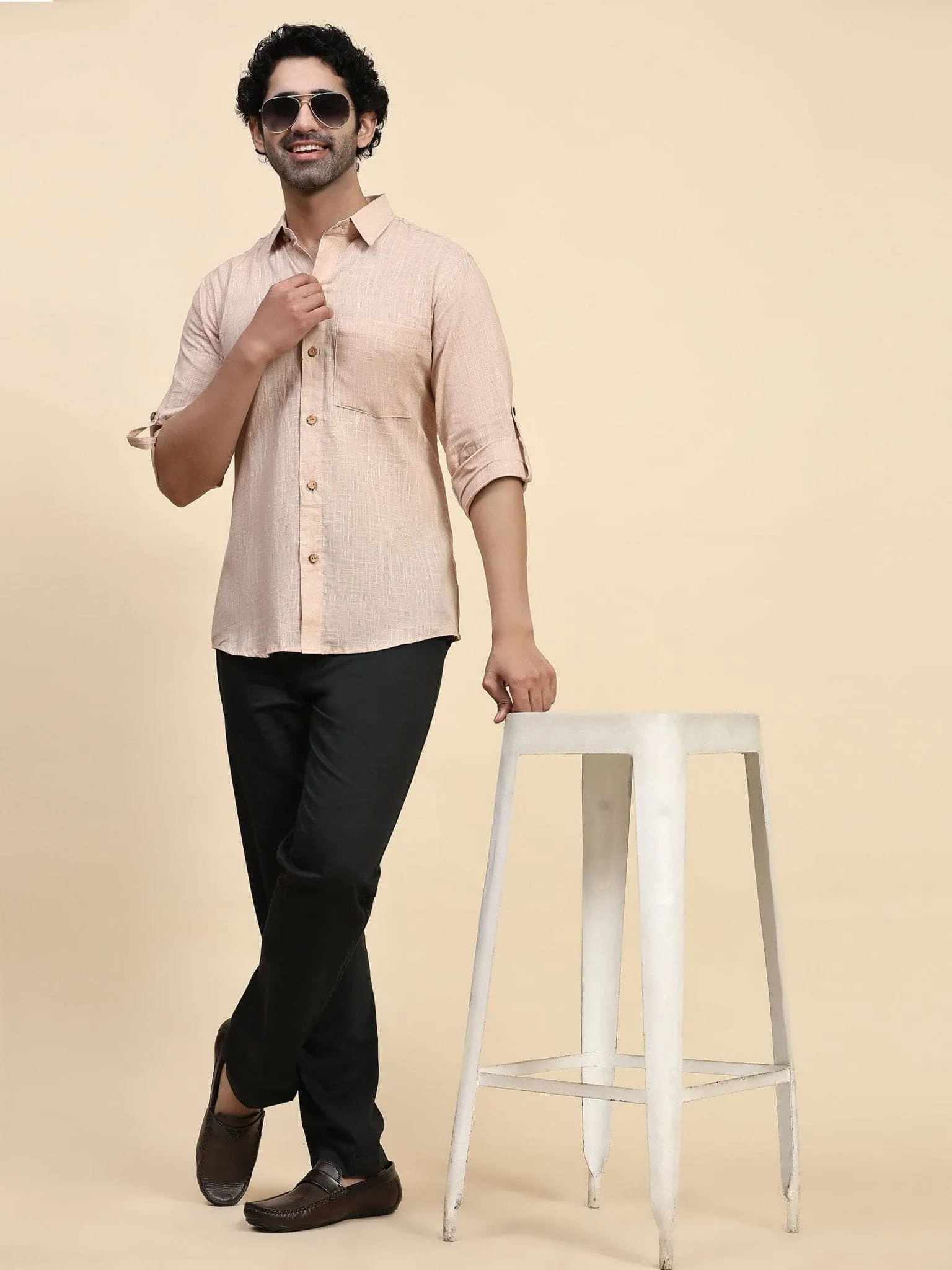 Beige Cotton Men Shirt