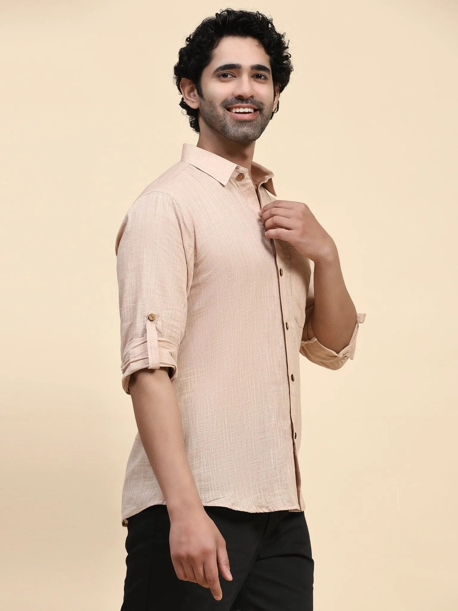 Beige Cotton Men Shirt