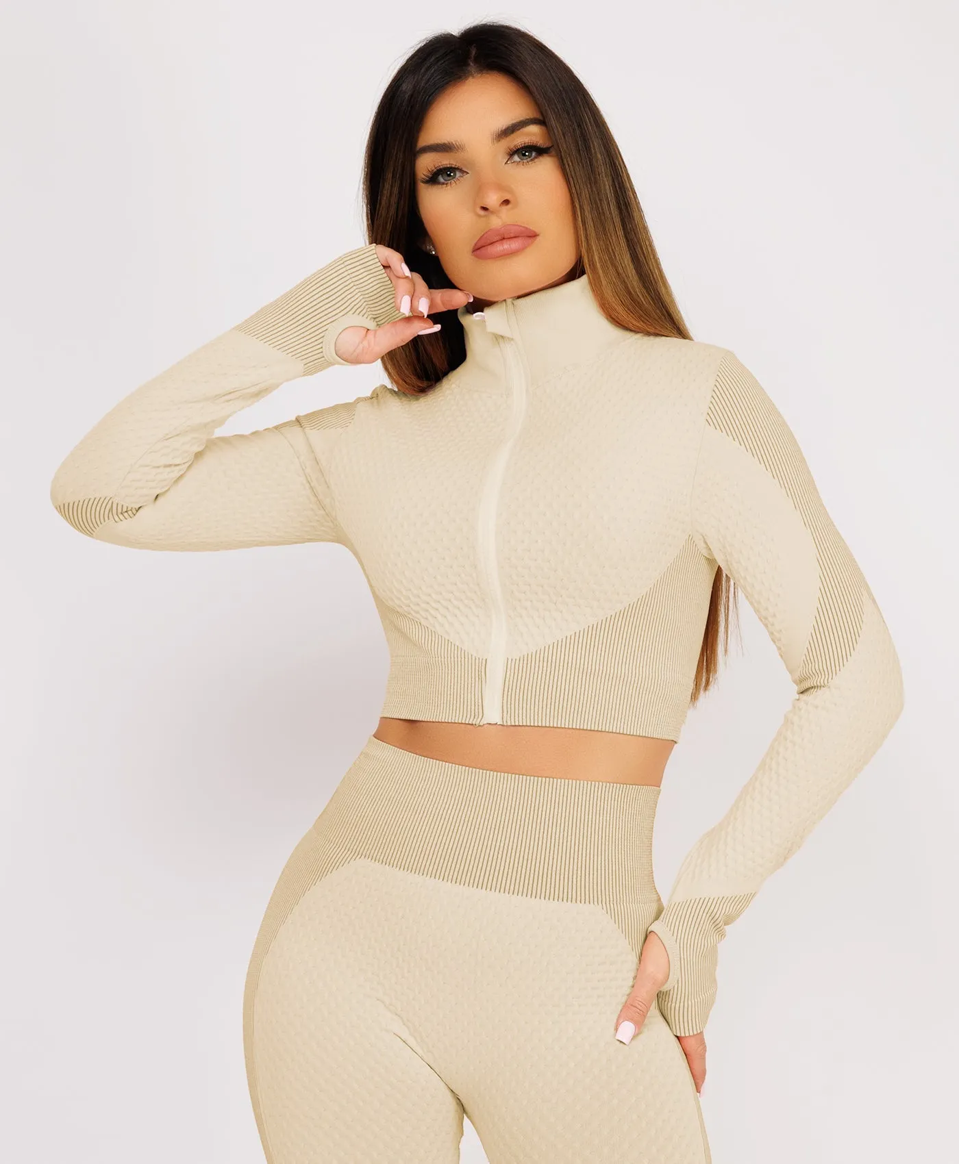 Beige Cropped Ribbed 3-Piece Activewear Set