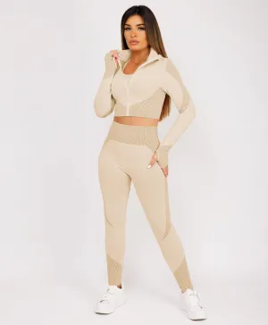 Beige Cropped Ribbed 3-Piece Activewear Set