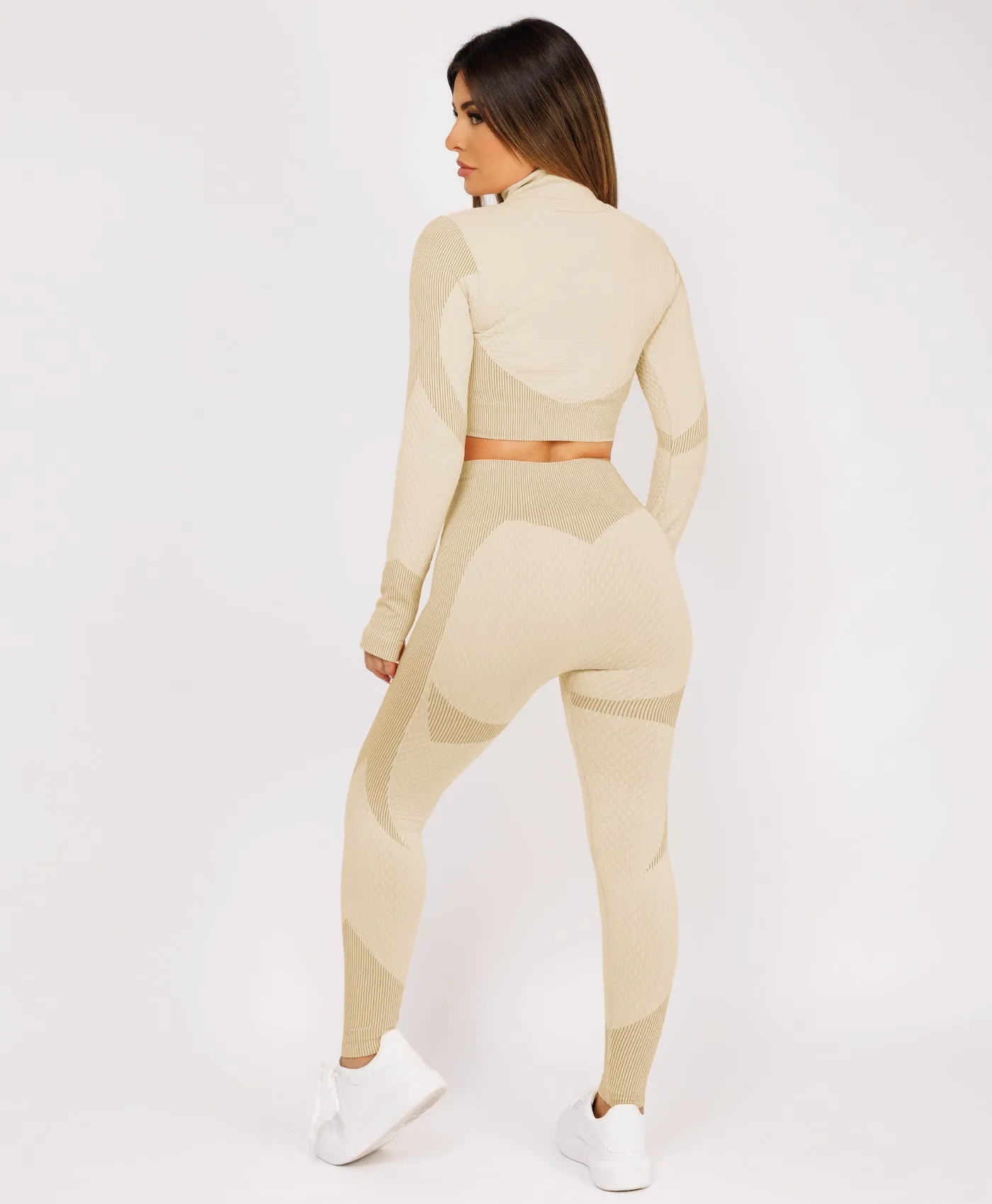 Beige Cropped Ribbed 3-Piece Activewear Set