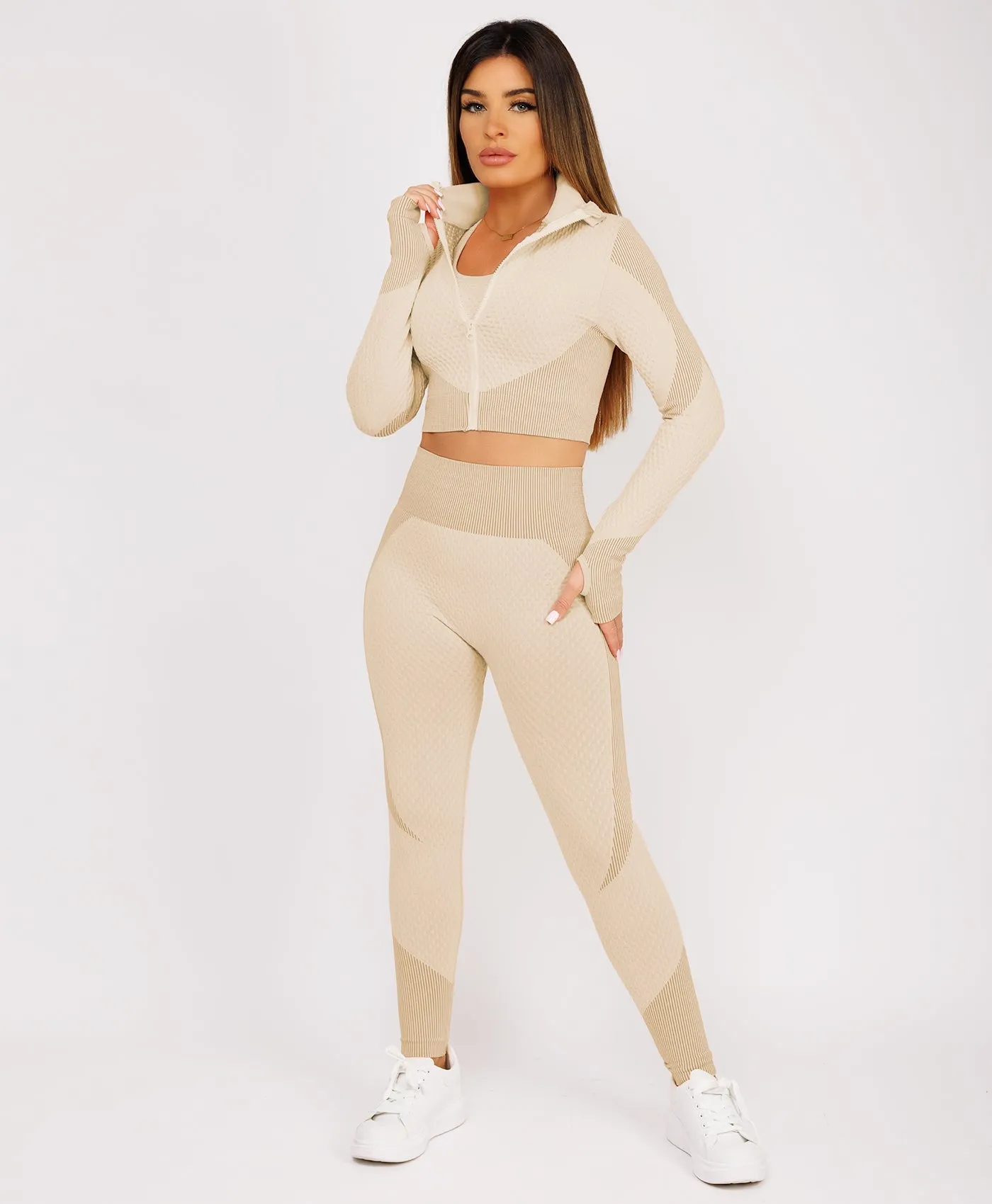 Beige Cropped Ribbed 3-Piece Activewear Set