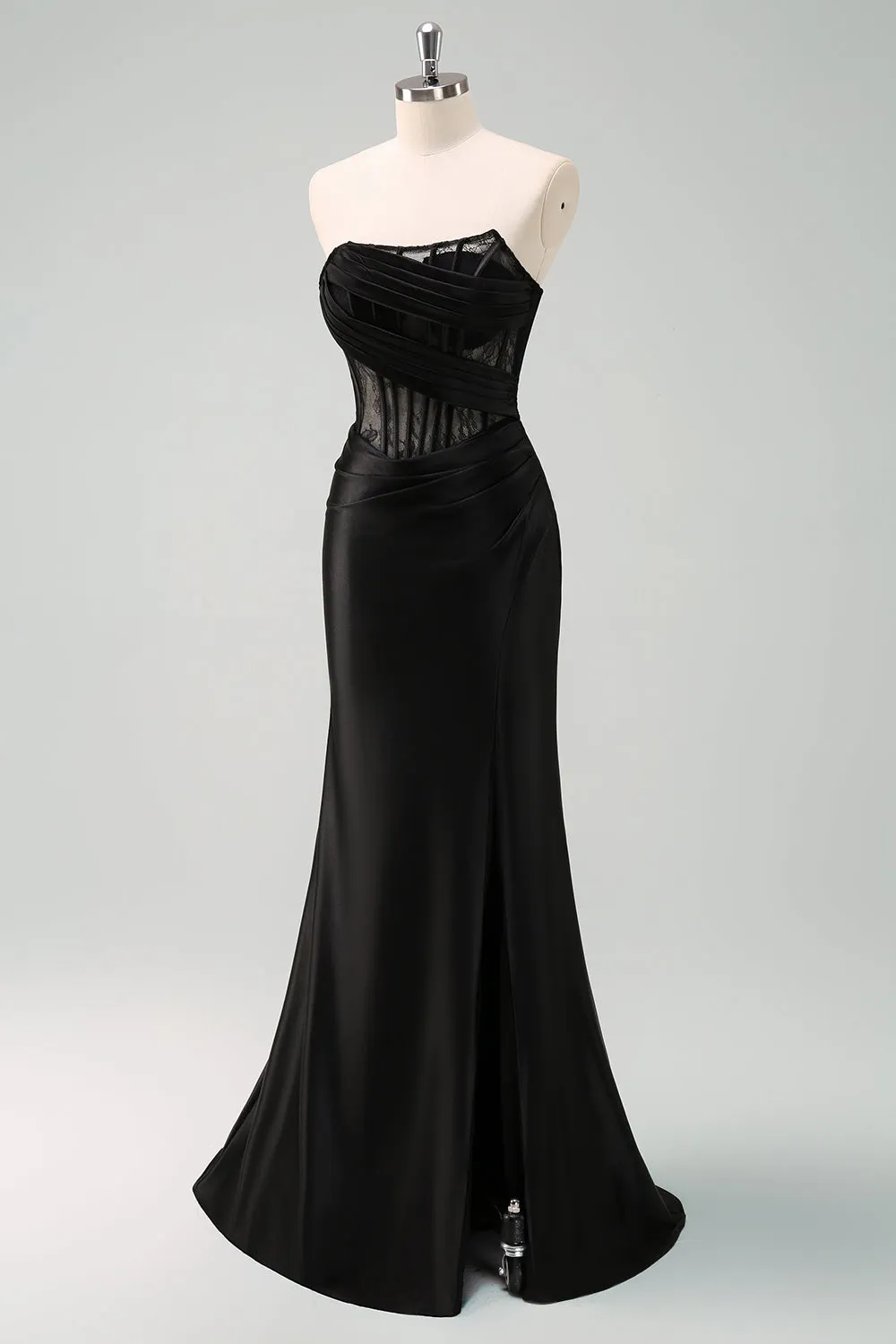 Black Corset Strapless Satin Mermaid Maxi Dress