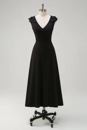 Black V Neck A Line Tea-Length Dress with Appliques