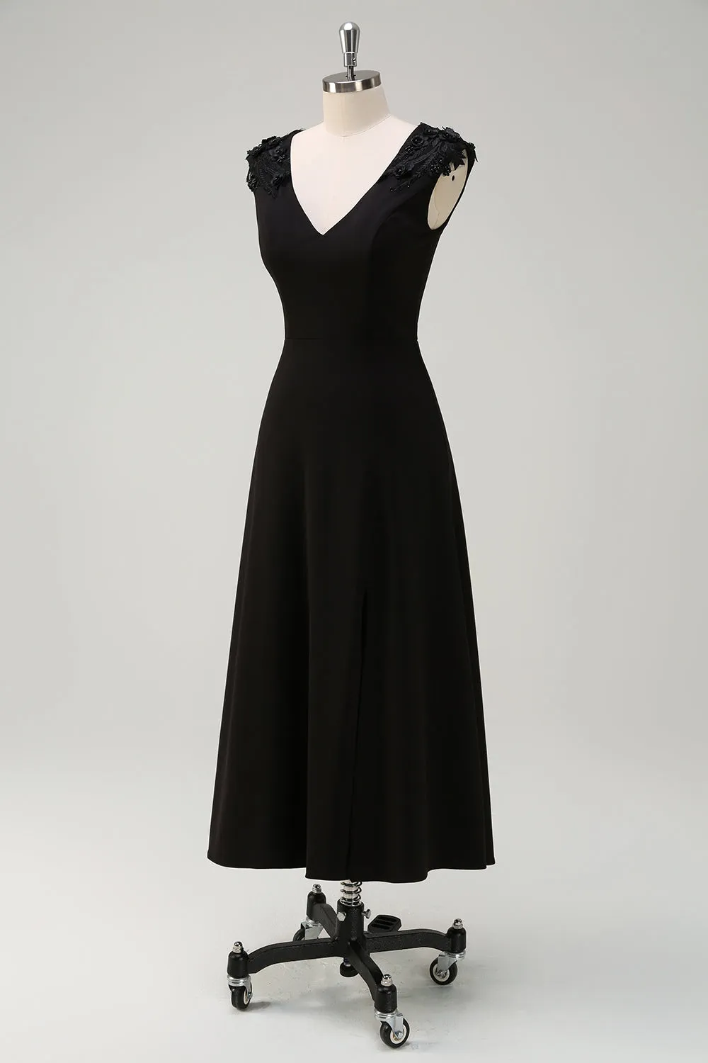 Black V Neck A Line Tea-Length Dress with Appliques