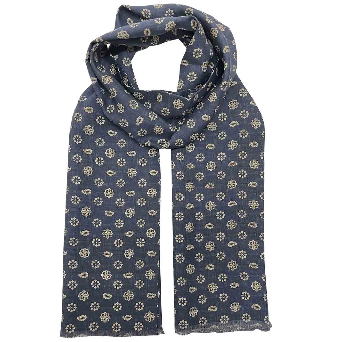 Blue beige medallion paisley tubular archive scarf in silk twill