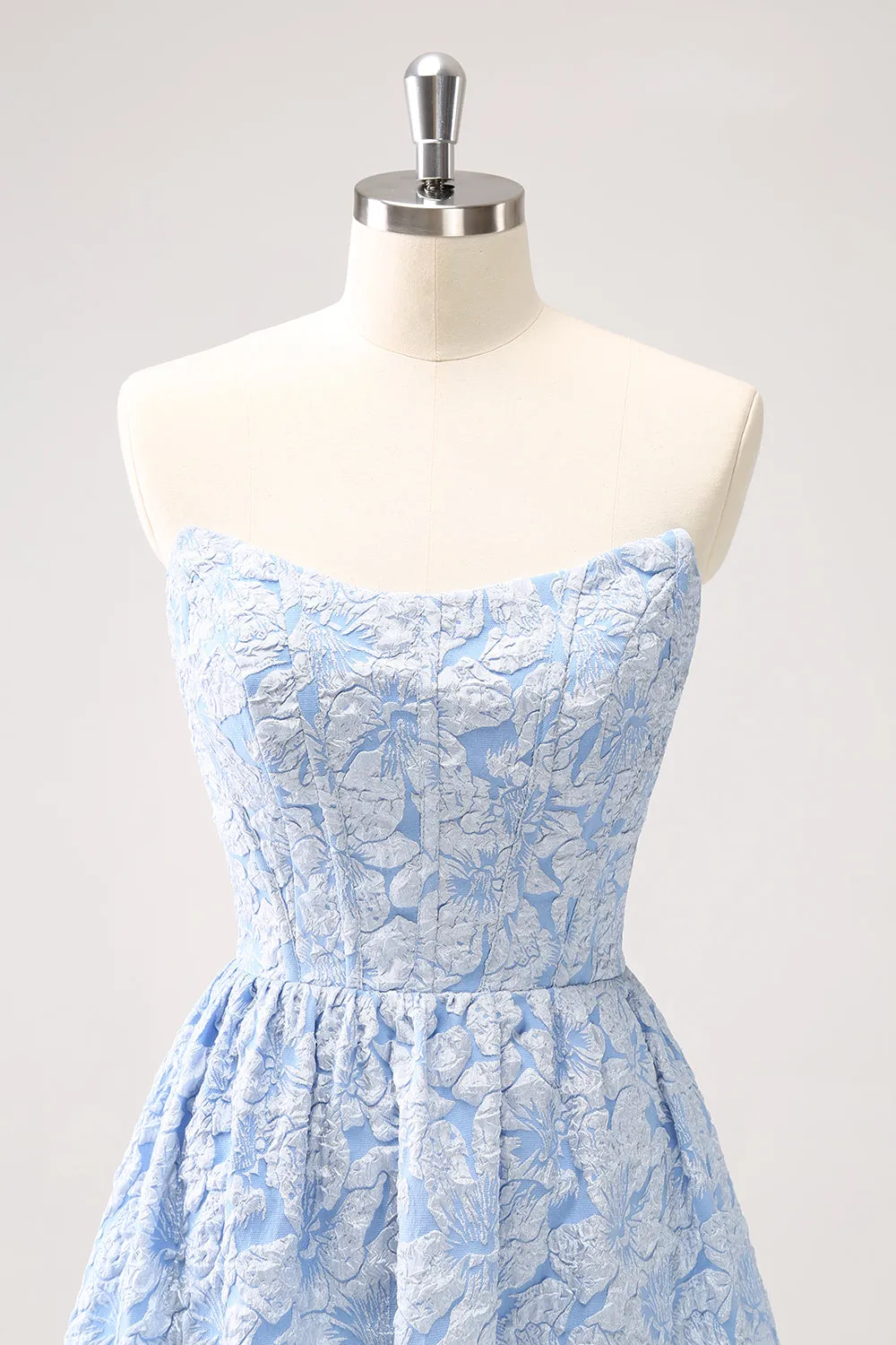 Blue Floral Strapless A-Line High Low Bridesmaid Dress