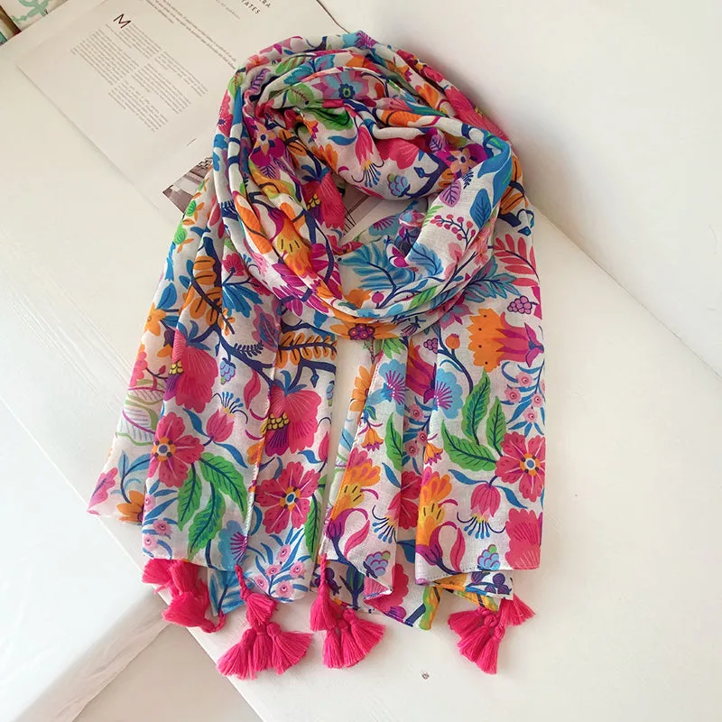 Bohemian colorful flowers, cotton and linen hand scarf, sunscreen, beach scarf, scarf scarf woman