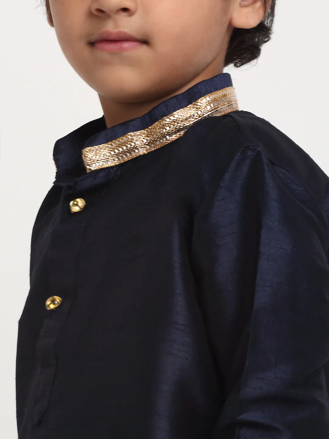 Boy's Navy Blue Solid Gotta Patti Kurta With Copper Dhoti Pant Set - Benstoke KIDS