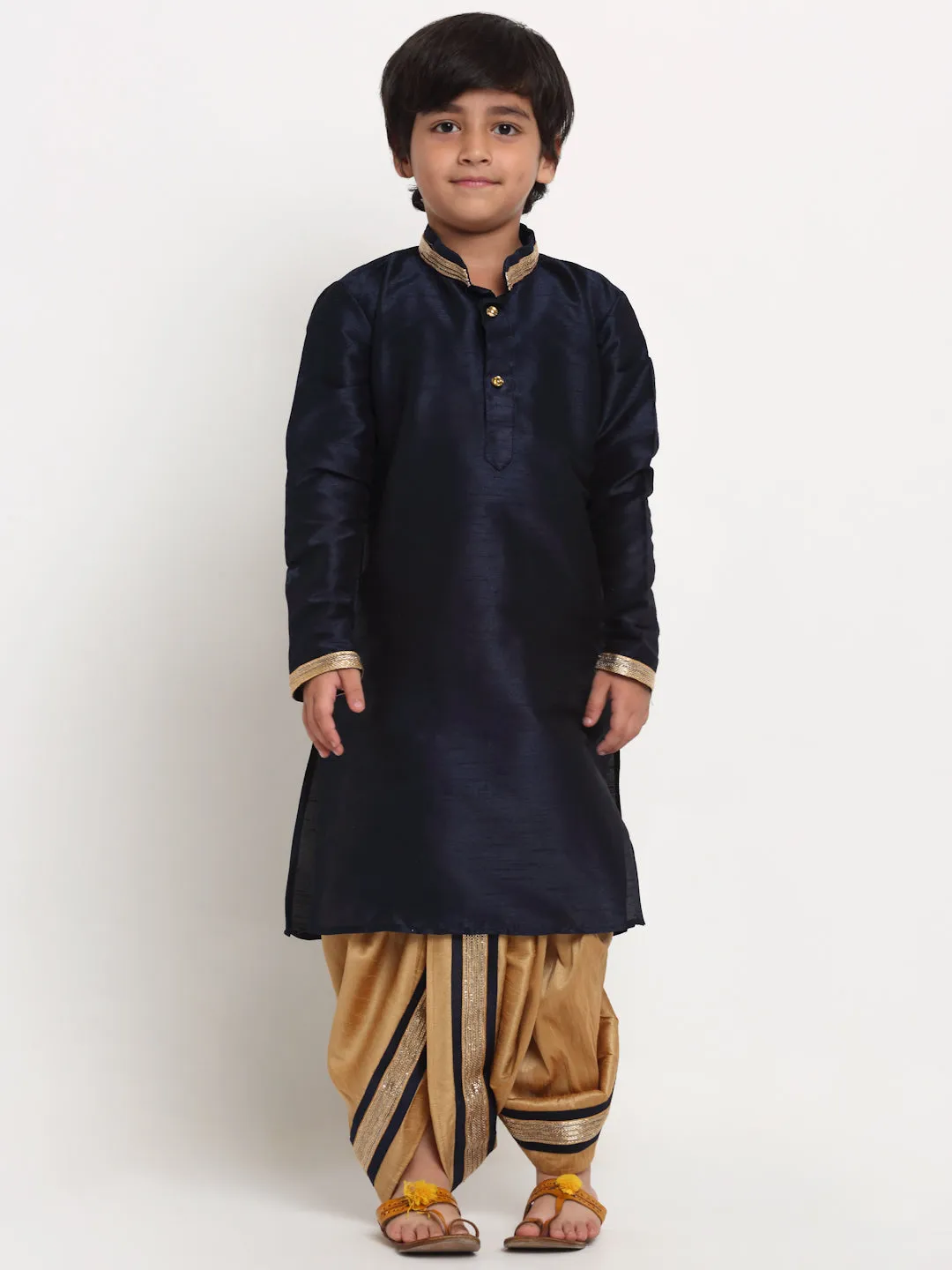 Boy's Navy Blue Solid Gotta Patti Kurta With Copper Dhoti Pant Set - Benstoke KIDS