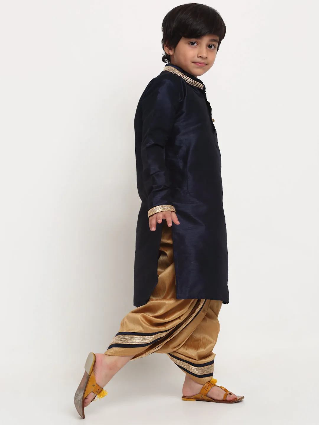 Boy's Navy Blue Solid Gotta Patti Kurta With Copper Dhoti Pant Set - Benstoke KIDS