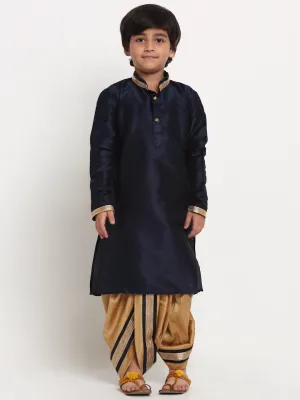 Boy's Navy Blue Solid Gotta Patti Kurta With Copper Dhoti Pant Set - Benstoke KIDS