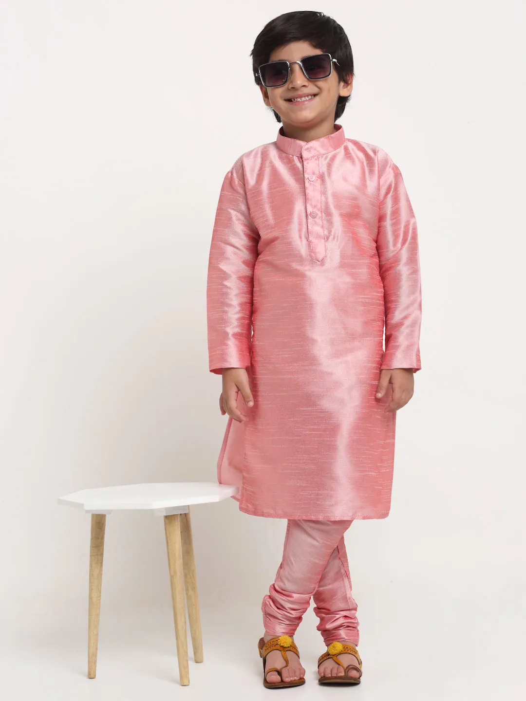 Boy's Pink Solid Kurta With Churidaar Pyjamas Set - Benstoke KIDS