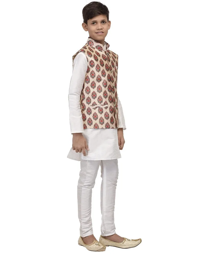 Boy's White Kurta Pyjama & Red Floral Paisley Nehrujacket - Benstoke KIDS