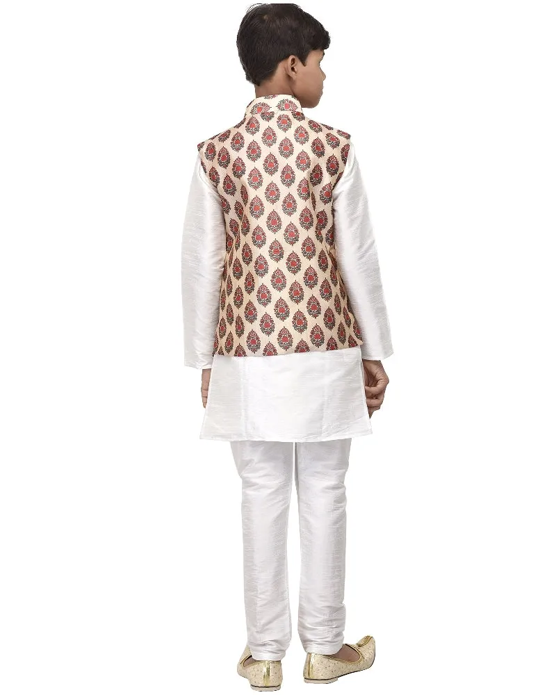 Boy's White Kurta Pyjama & Red Floral Paisley Nehrujacket - Benstoke KIDS