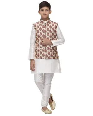 Boy's White Kurta Pyjama & Red Floral Paisley Nehrujacket - Benstoke KIDS