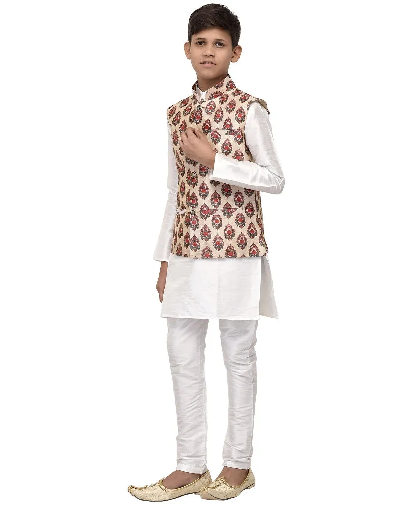 Boy's White Kurta Pyjama & Red Floral Paisley Nehrujacket - Benstoke KIDS