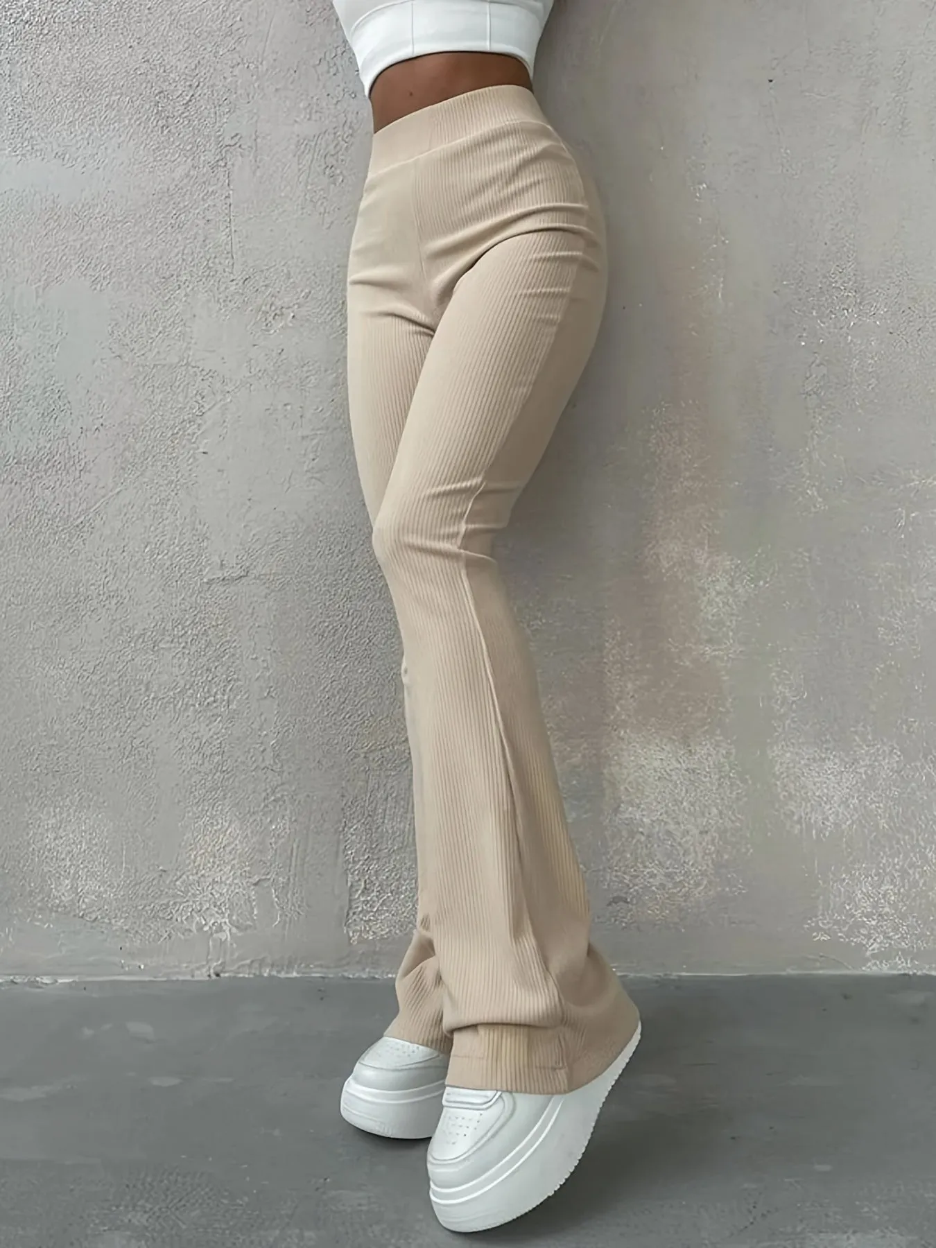 Casual Rib Simple Slim Leggings Solid High Waisted Fashion Long Pants