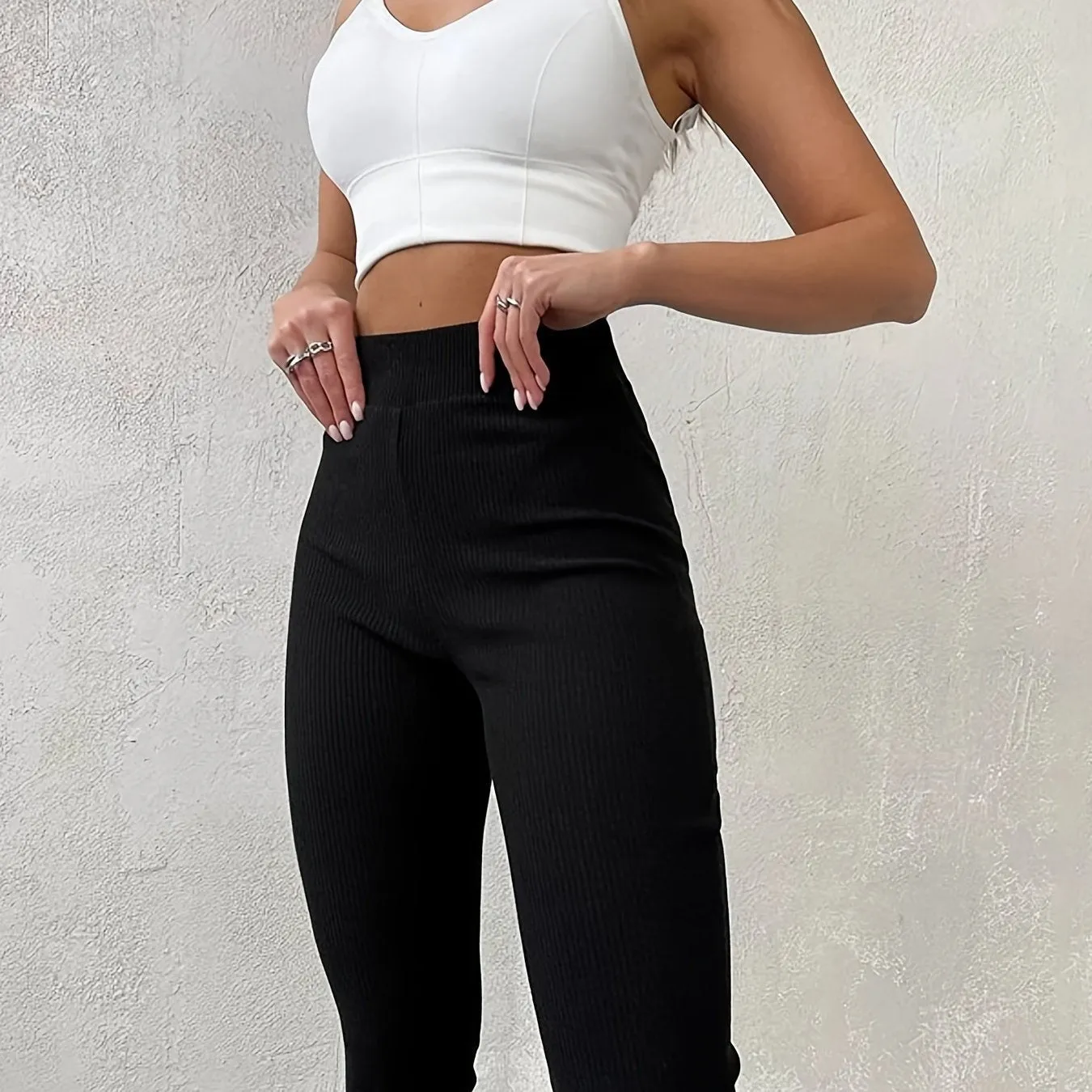 Casual Rib Simple Slim Leggings Solid High Waisted Fashion Long Pants