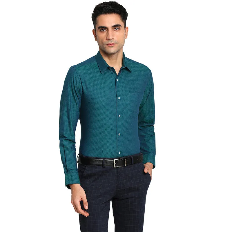 Cotton Peacock Blue Slim Fit Self Design Formal Shirts