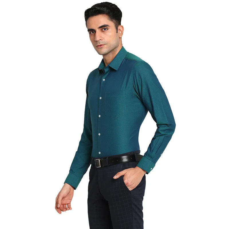 Cotton Peacock Blue Slim Fit Self Design Formal Shirts