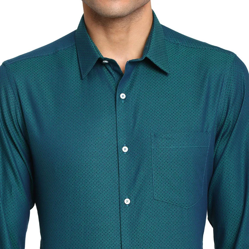 Cotton Peacock Blue Slim Fit Self Design Formal Shirts