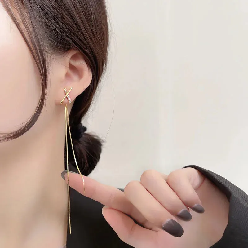 Cross Long Chain Tassel Drop Earrings Gold Silver Piercing Trendy Ear Earring