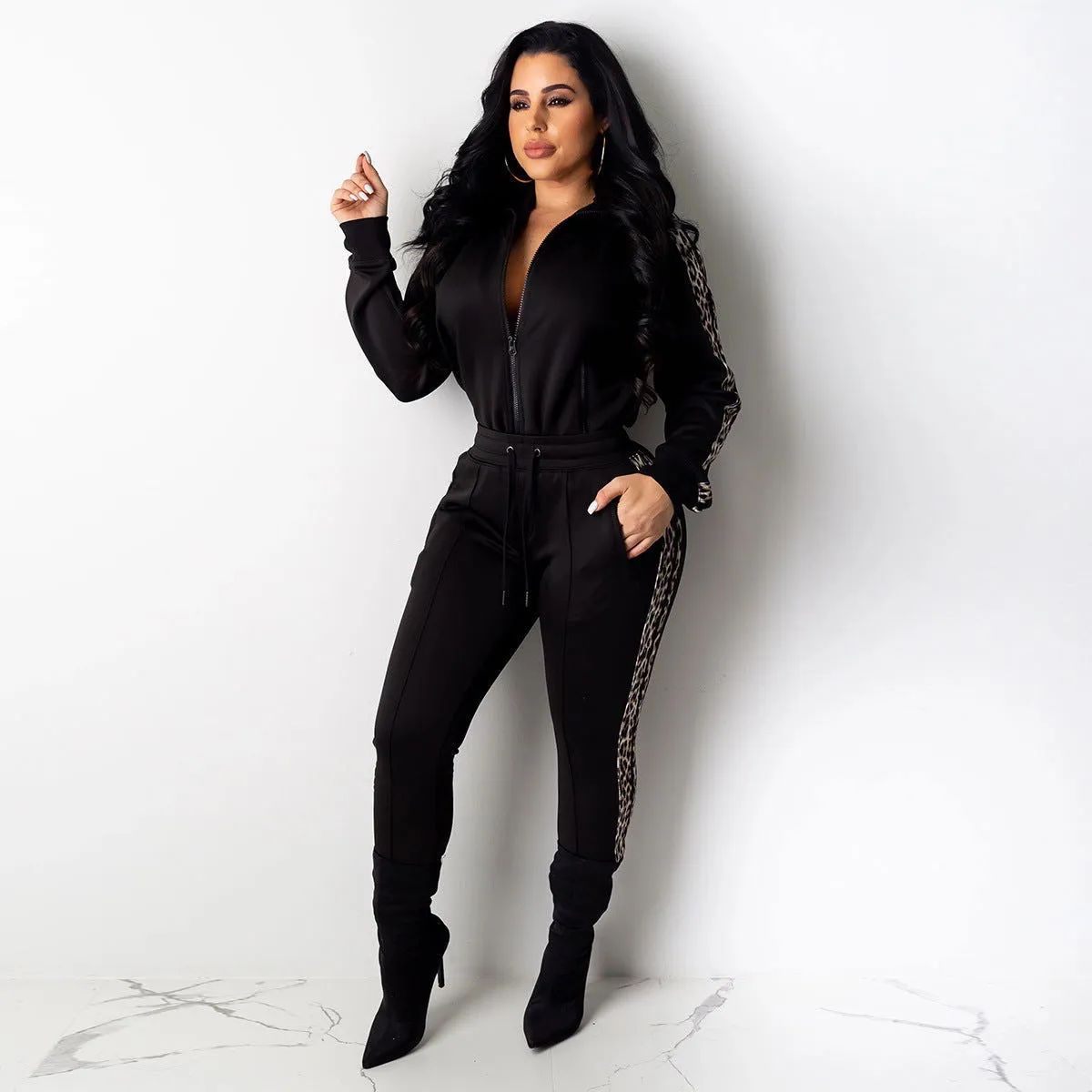 Curve-enhancing Zipper Collard Jacket & Pants Tracksuits