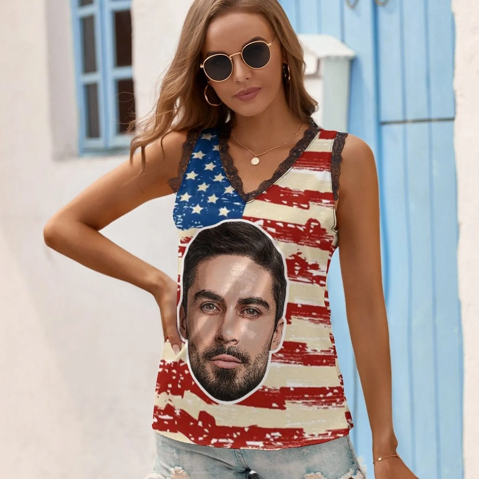 Custom Face on Tank Top Flag Personalized Women's V-Neck Sleeveless Top Stars Stripes Flag Design Gift for Her