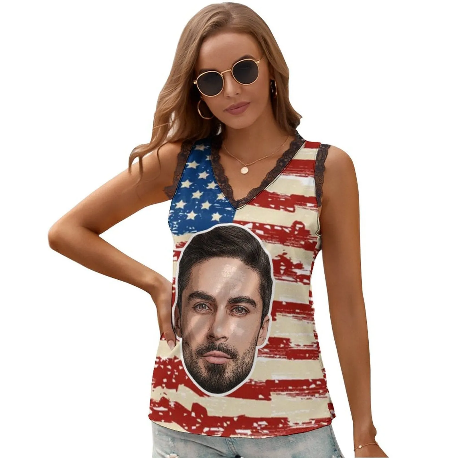 Custom Face on Tank Top Flag Personalized Women's V-Neck Sleeveless Top Stars Stripes Flag Design Gift for Her