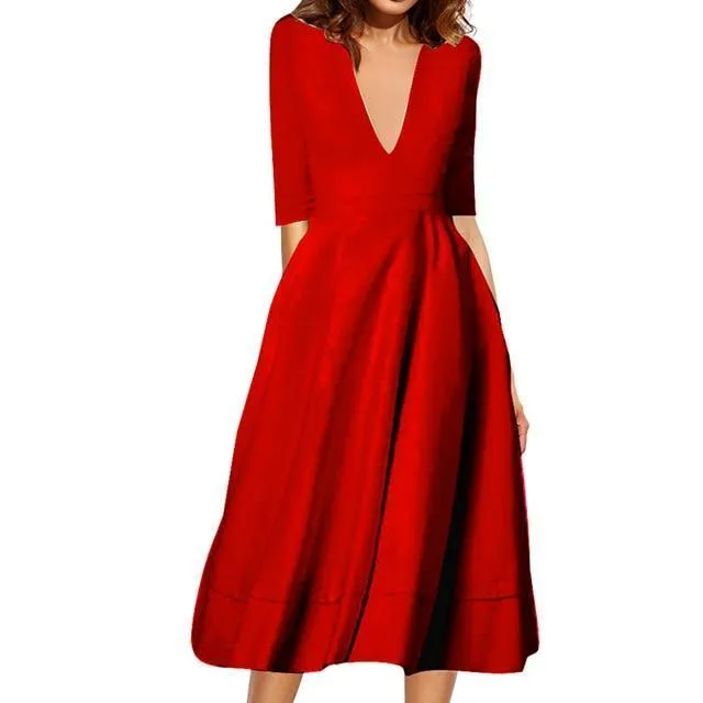 Dunnmall Vintage Women Casual Plus Size Elegant Ball Gown Sexy V Neck Long Party Dresses