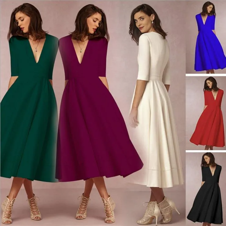 Dunnmall Vintage Women Casual Plus Size Elegant Ball Gown Sexy V Neck Long Party Dresses