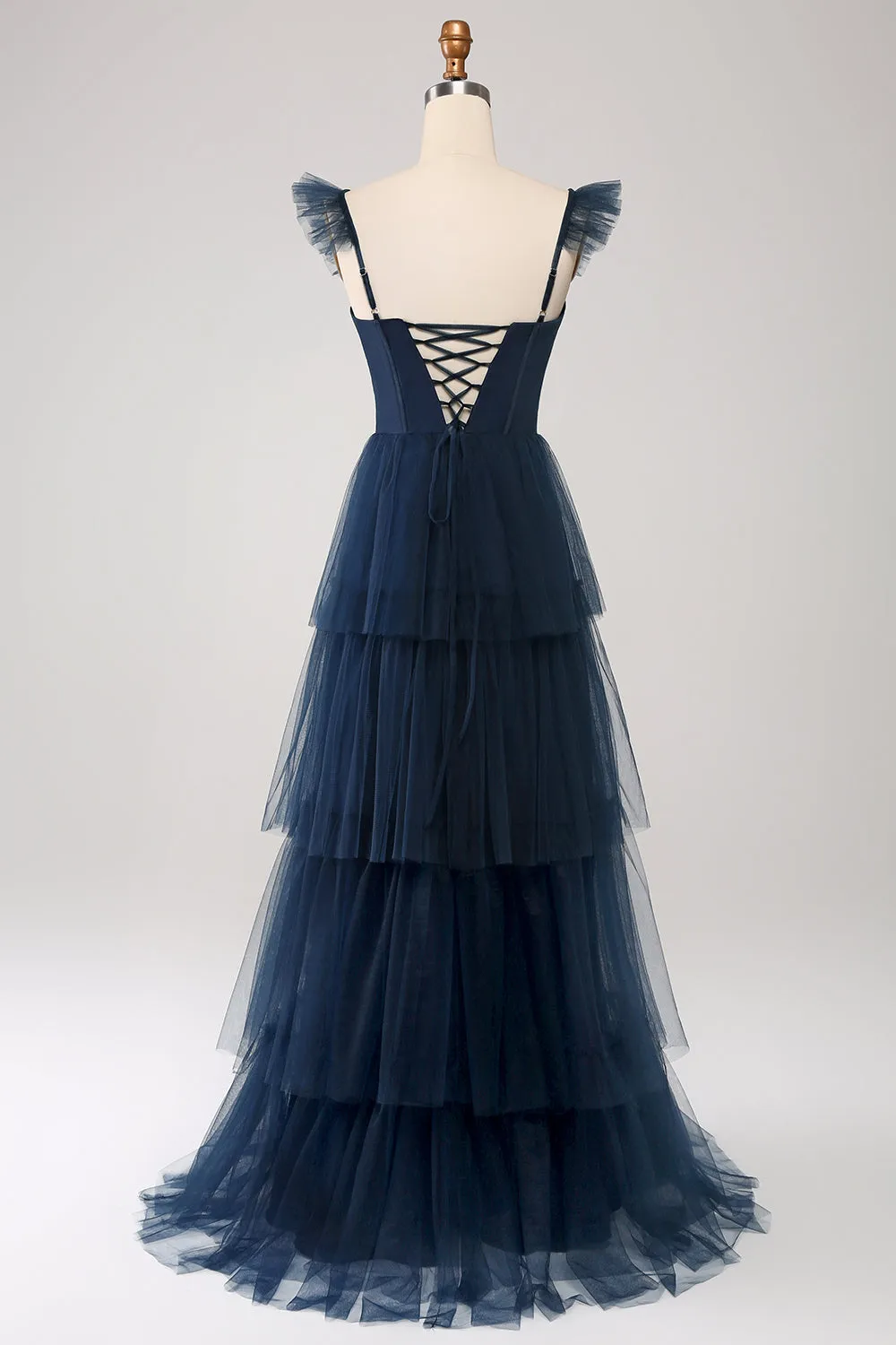 Dusty Blue A Line Tiered Tulle Corset Maxi Dress with Slit