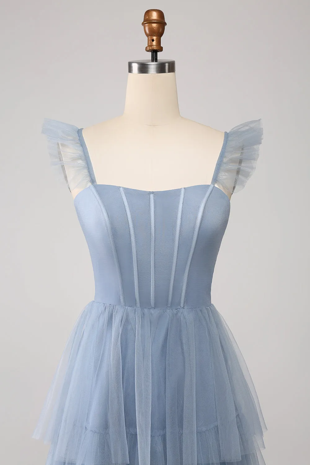 Dusty Blue A Line Tiered Tulle Corset Maxi Dress with Slit