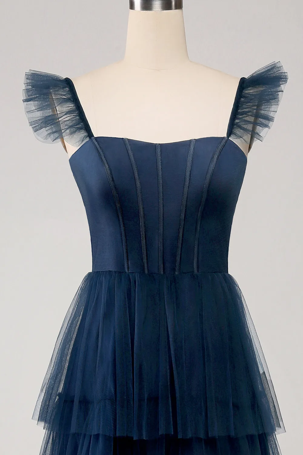 Dusty Blue A Line Tiered Tulle Corset Maxi Dress with Slit