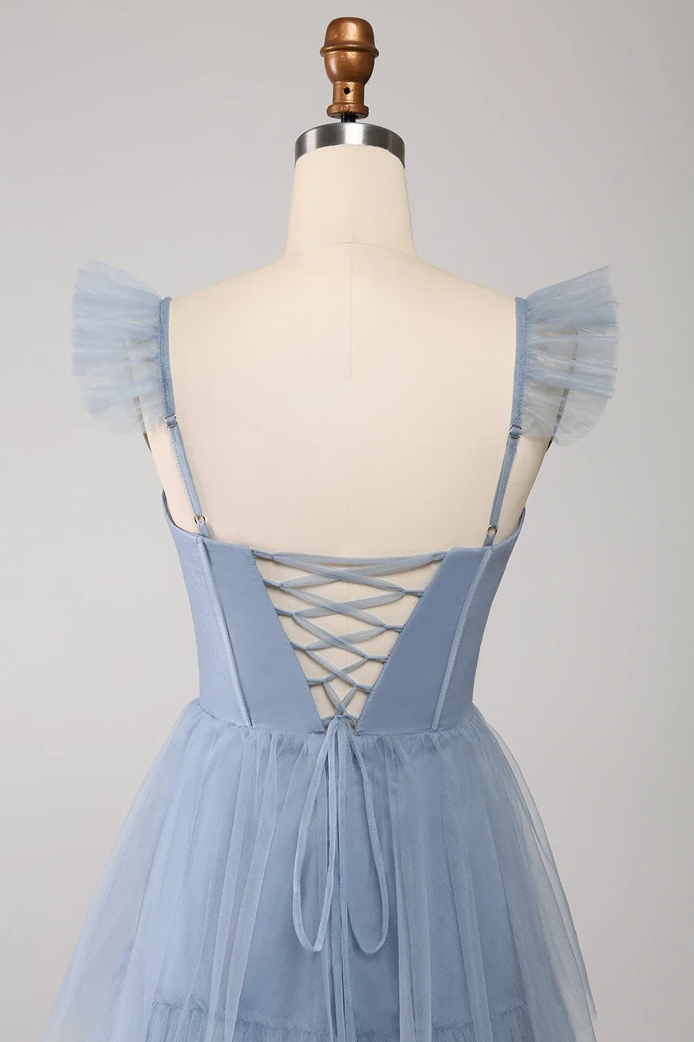 Dusty Blue A Line Tiered Tulle Corset Maxi Dress with Slit