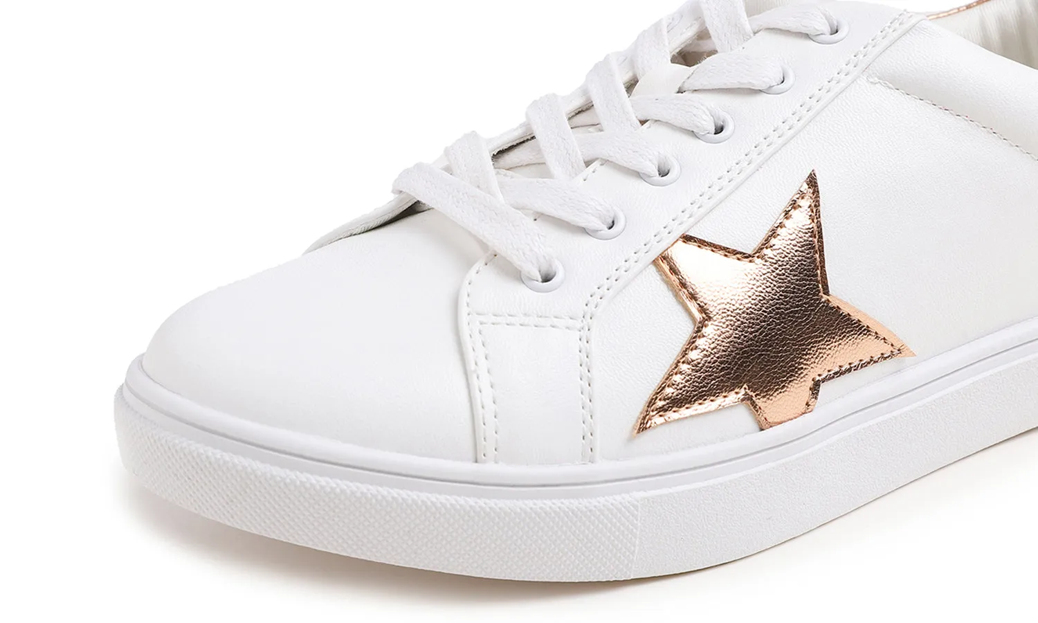 Feversole Women's Featured PU Leather White Lace Up Sneaker Rose Gold Star