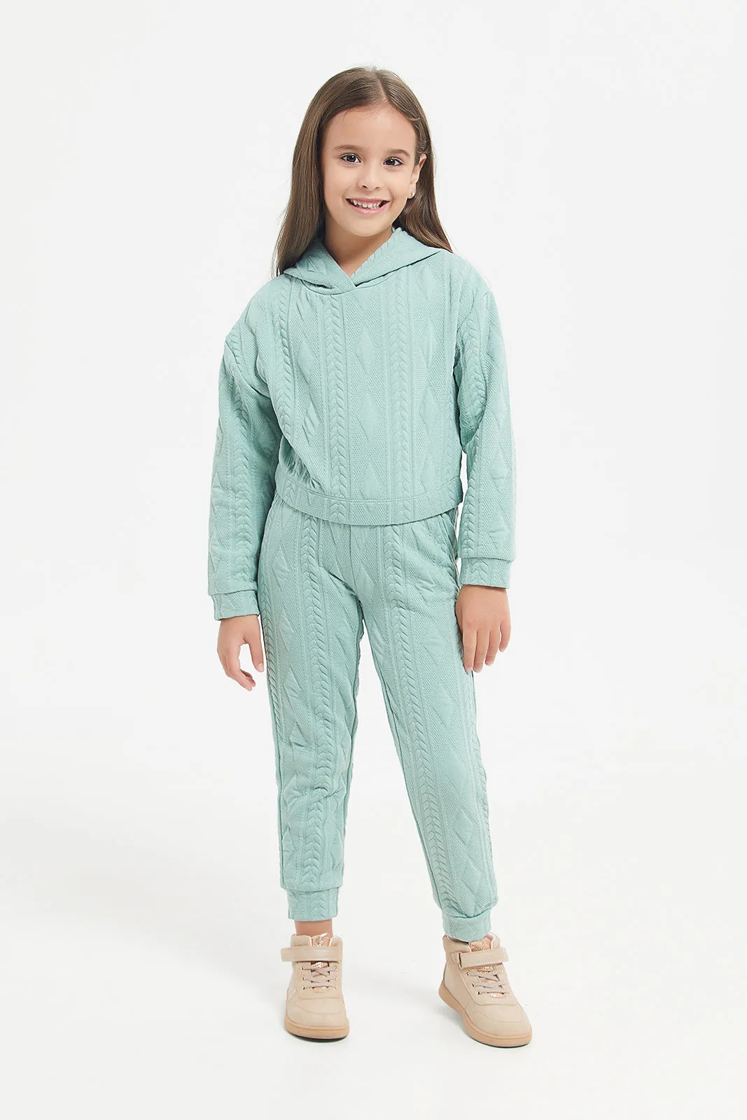 Girls Green Jacquard Jogger Set (2 Piece)