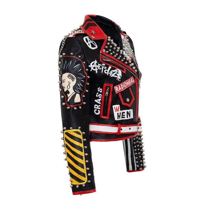 Graffiti Faux Leather Jacket Cropped Moto-Good Sex